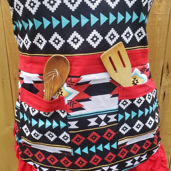 Red Aztec Print Kitchen Handmade Apron with Ruffles - Picture 4 of 6